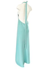 Important 1974 Halston Turquoise Cashmere Extremely Low Back Halter Dress