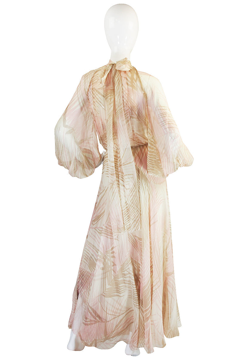 S/S 1974 Christian Dior by Marc Bohan Haute Couture Palm Print Silk Plunge Dress