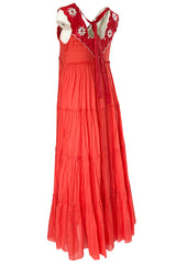 Fall 2019 Innika Choo Tiered Coral Cotton Full Length Embroidered Sun Dress