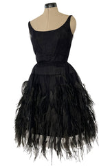 Fabulous Early 1960s Jean Louis Black Silk Chiffon Dress w Elaborate Feather Detailed Skirt