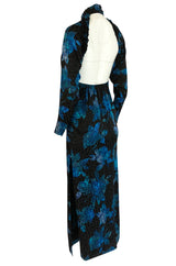 1970s James Galanos Backless Blue Floral Print Ruffled Silk Dress