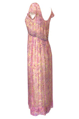 1960s Malcolm Starr Pink & Pale Yellow Silk Chiffon Beaded Dress