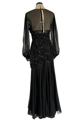 Gorgeous 1980s Loris Azzaro Black Silk Chiffon & Sequin Ribbon Detail Dress