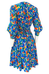 Spring 1983 Yves Saint Laurent Silk Multi Color Print on Blue Dress