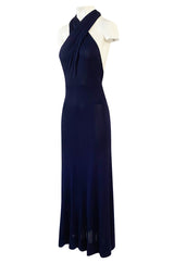 Important 1977 Halston Couture Navy Multi-Way Silk Jersey Plunge Dress w Extra Long Ties