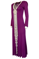 1972 Bob Mackie Ray Aghayan Purple Jersey Dress w Macrame