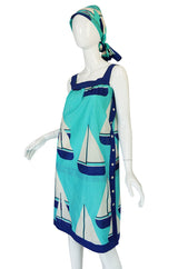 1960s Hermes SailBoat Print Shift Dress & Scarf