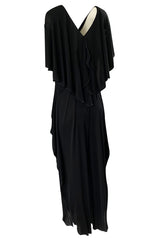 1970s Holly's Harp Black Jersey Ruffled Edge Pant & V Front Top Set
