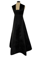 Minimalist 1960s Pauline Trigere Black Silk Satin Dress w Squared Off Neckline