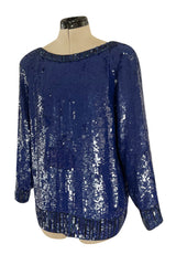 Fall 1985 Yves Saint Laurent Densely Covered Blue Sequin Top w Beaded Ribbing