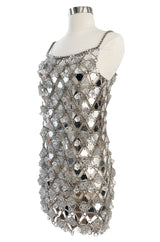 c.1967 Paco Rabanne Couture Mirrored Triangle, Metal, Rhinestone & Beaded Mini Dress w Matching Bag