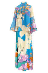 Extraordinary 1970s Hanae Mori Couture Pastel Turquoise Floral Print Silk Chiffon Dress & Jacket