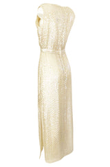 1960s Fred Perlberg Long Ivory Fully Sequinned Plunge Dress