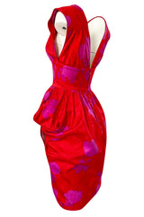 1980s Odicini Couture Coral & Pink Print Plunge Dress w Unusual Skirt