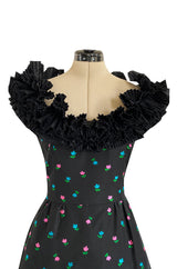 1970s Louis Mies Couture Level Black Silk Taffeta Dress w Embroidered Flowers & Ruffled Detailing
