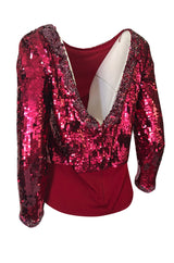 1980s Bill Blass Couture Red Sequin & Bead Deep Low V Back Top