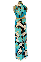 Gorgeous 1960s Unlabeled Tropical Blues Floral Print Jumpsuit w Gold Coin & Cord Detailing