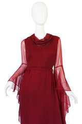 1960s Angel Sleeve Deep Burgundy Chiffon Dress
