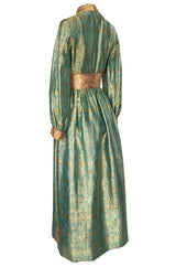 1960s George Halley Gold Metallic Blue-Green & Dusty Pink Lame Dress