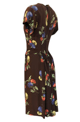 1940s Unlabeled Spectacular Floral Printed Brown Silk Swing Dress