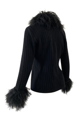 c. 1973 Yves Saint Laurent Black Ribbed Knit Sweater w Mongolian Fur Trimmed Collar & Cuffs