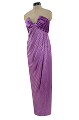 Fall 1985 Emanuel Ungaro Runway Structured Bodice Strapless Dress Made from a Dotted Purple Silk