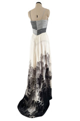 Spring 2000 Hanae Mori Haute Couture Forest & Butterfly Print Silk Chiffon Dress & Silk Huge Scarf