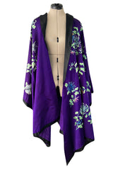 Outstanding 1920s Brilliant Floral Embroidered Rich Purple Silk Cape Cut Flapper Coat