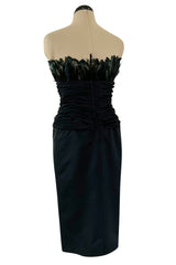 1980s Victor Costa Strapless Jersey Dress w Iridescent Feather Bodice Detail