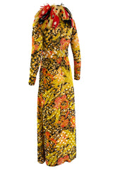 Famous 1971 Bill Blass Vogue Featured Yellow Chenille & Silk Maxi Dress w Elaborate Feather Collar