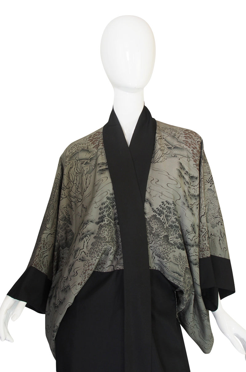1950s Scenery Print & Black Silk Kimono