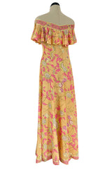 Prettiest 1960s Emilio Pucci Pink & Yellow Print on Peach Silk Chiffon Ruffled Off Shoulder Dress