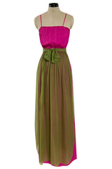 Gorgeous 1970s Galanos Couture Bright Pink & Moss Green Silk Chiffon Dress