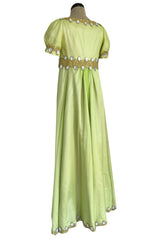 Stunning Unlabelled Vintage Soft Lime Silk Chiffon Regency Inspired Dress & Coat Set