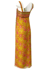 1960s Unlabeled Pink & Gold Sequin Detail Sari Inspired Silk Print Dress