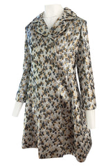 Early 1960s Ceil Chapman Gold & Silver Metallic Silk Brocade Coat w Crystal Buttons