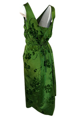 c.1955 Jean Desses Green Silk Dress w Fused Velvet Detailing