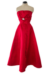 Late 1940s, Early 1950s Strapless Red Silk Satin Full Skirt Dress w Rhinestone Detailing