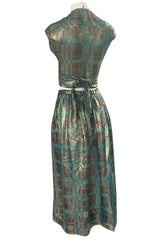 1980s Geoffrey Beene Gold & Turquoise Silk Lame Metallic Skirt & Top Set