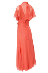 Prettiest 1970s George Stavropoulos Coral Silk Chiffon Dress Capelet & Sash
