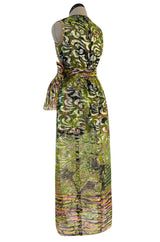 Fabulous 1960s Unlabeled Metallic Green Organza Dress Set w Matching Hot Pants & Gold Trim