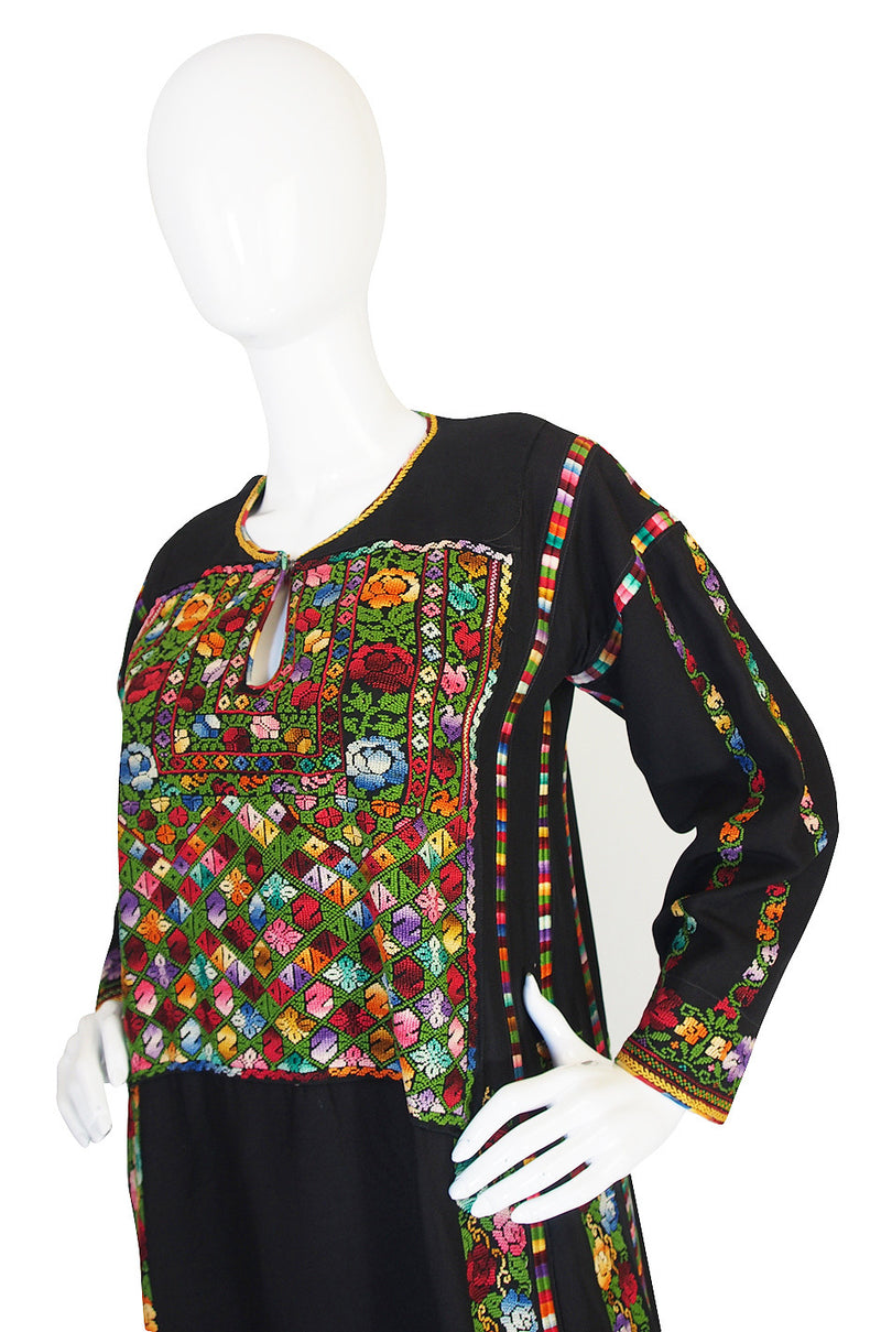 1960s Bright Thread Hand Embroidered Black Caftan
