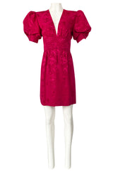 1980s Wayne Clark Pink Silk Plunging Neckline & Huge Pouf Sleeve Dress