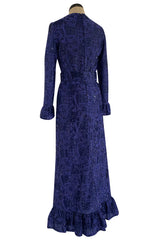 Extraordinary 1971 Givenchy Azure Blue Woven Silk & Metallic Thread Dress w Ruffled Cuffs & Hem