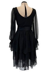 Incredible Fall 1993 Yves Saint Laurent Runway Black Silk Chiffon Dress W Ruffle Full Sleeves