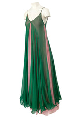 1960s Unlabeled Multiple Layered Pink & Green Chiffon Swing Maxi Dress