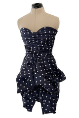 1980s Loris Azzaro Deep Blue Silk Strapless Dress w White Dots & Unusual Skirt