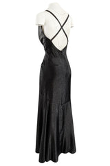c.1984 John Anthony Black Metallic Lame Jersey Dress w Very Deep Front Plunge & No Back