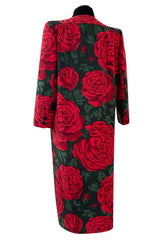 Fall 1985 Valentino Runway Felted Wool & Velvet Trim Over-sized Coat w Huge Rose Print Coat