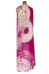 1969 Hanae Mori Chrysanthemum Print Pink Silk Twill & Silk Chiffon Dress